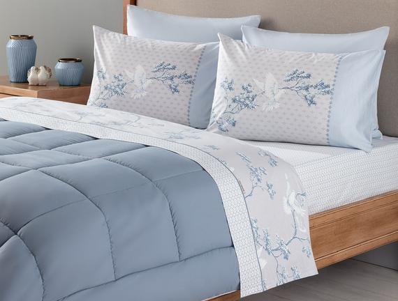 Calme Double-Size Ranforce Printed Bed Sheet Set - Blue / Grey - Madame Coco